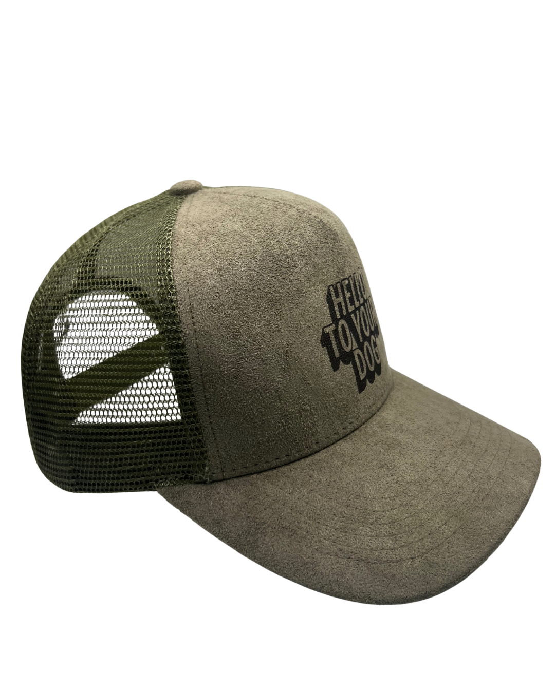 'Hello to Your Dog' Suede Snapback Cap Army Green
